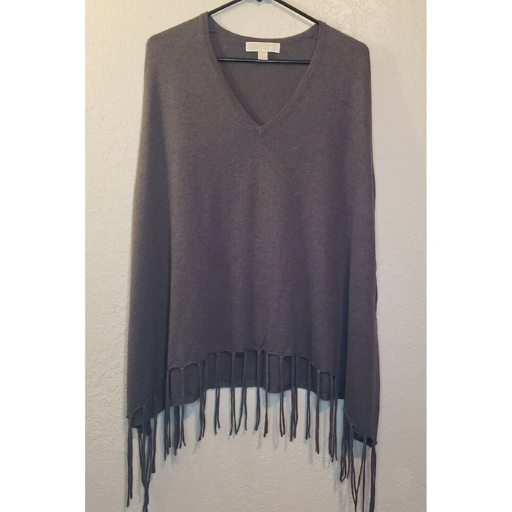 Michael Kors Womens V-Neck Gray Wrap Poncho Shawl PS Petite Small Tassels